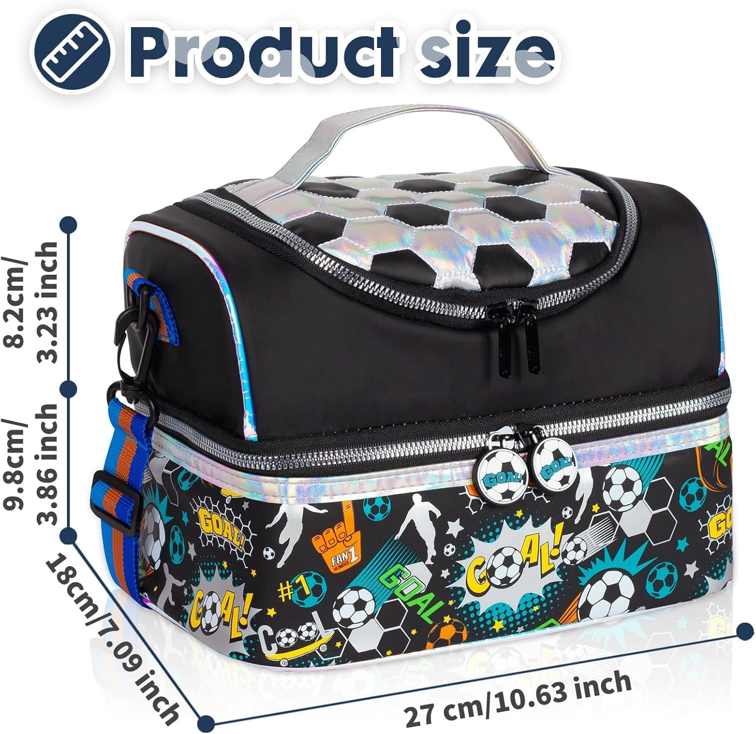 Lunch bag product dimensions shown with soccer design