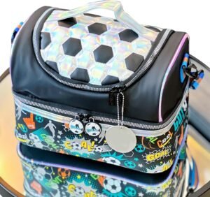 Close-up of soccer design insulated lunch bag for kids