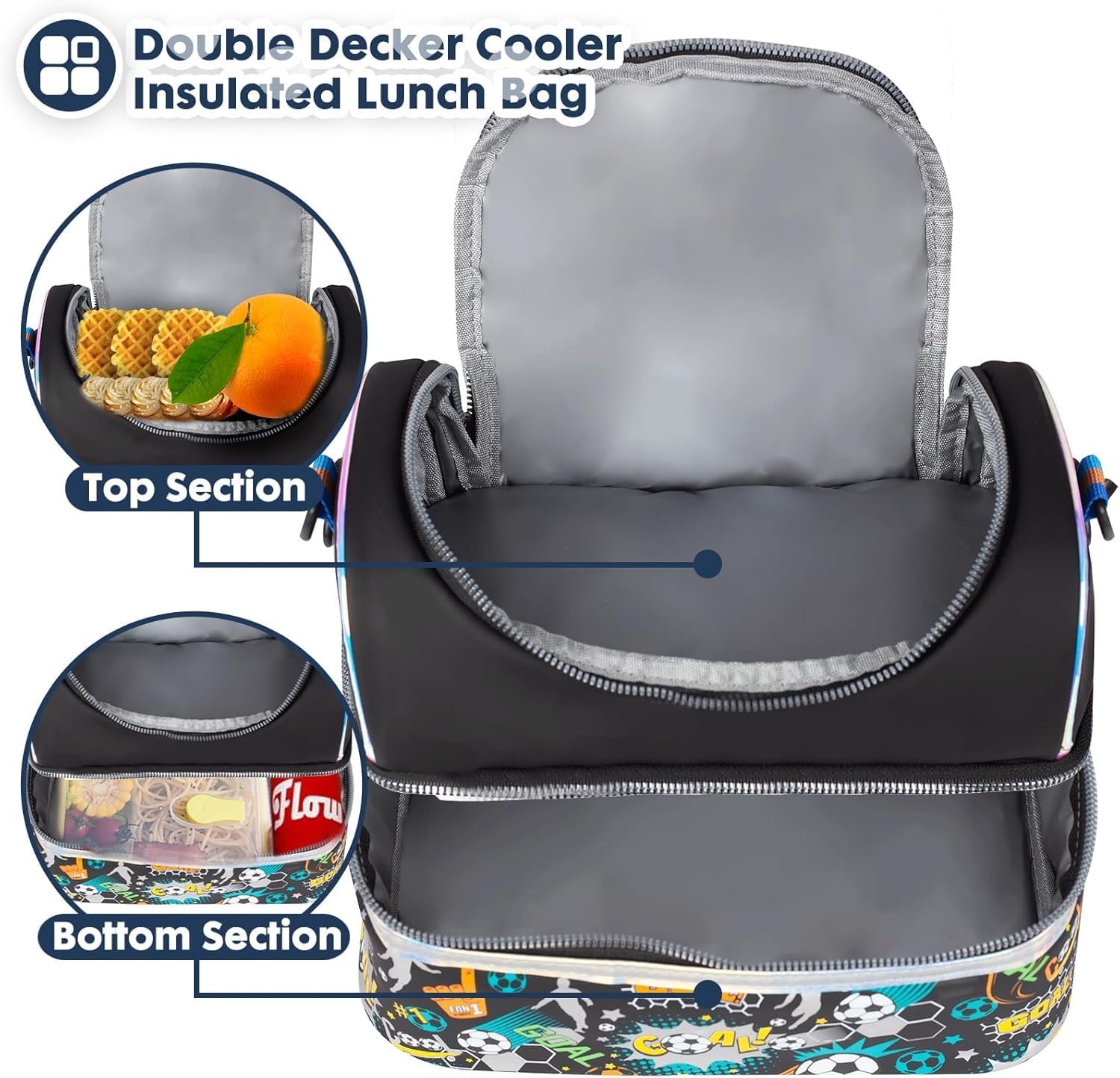 Lunch bag with top and bottom insulated compartments