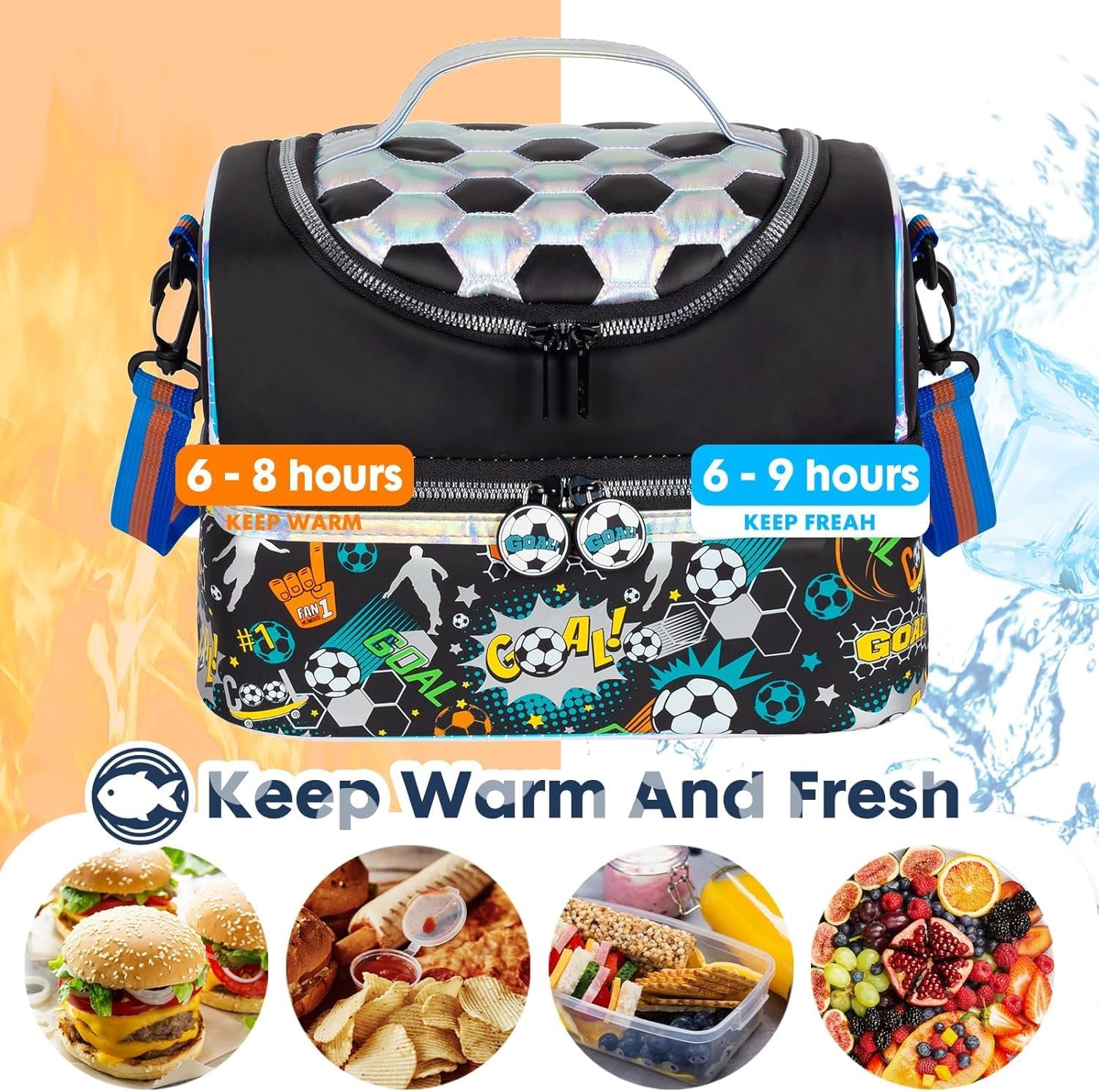 Thermal lunch bag showing warm and cold food storage capacity