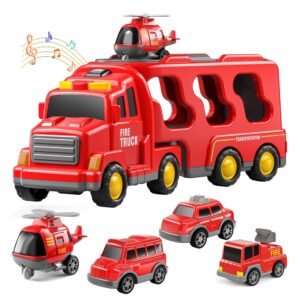 Red Fire Truck Transporter Toy with Mini Cars Set for Kids, Large Vehicle Carrier Playset
