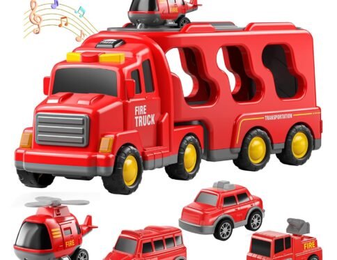 Red Fire Truck Transporter Toy with Mini Cars Set for Kids, Large Vehicle Carrier Playset