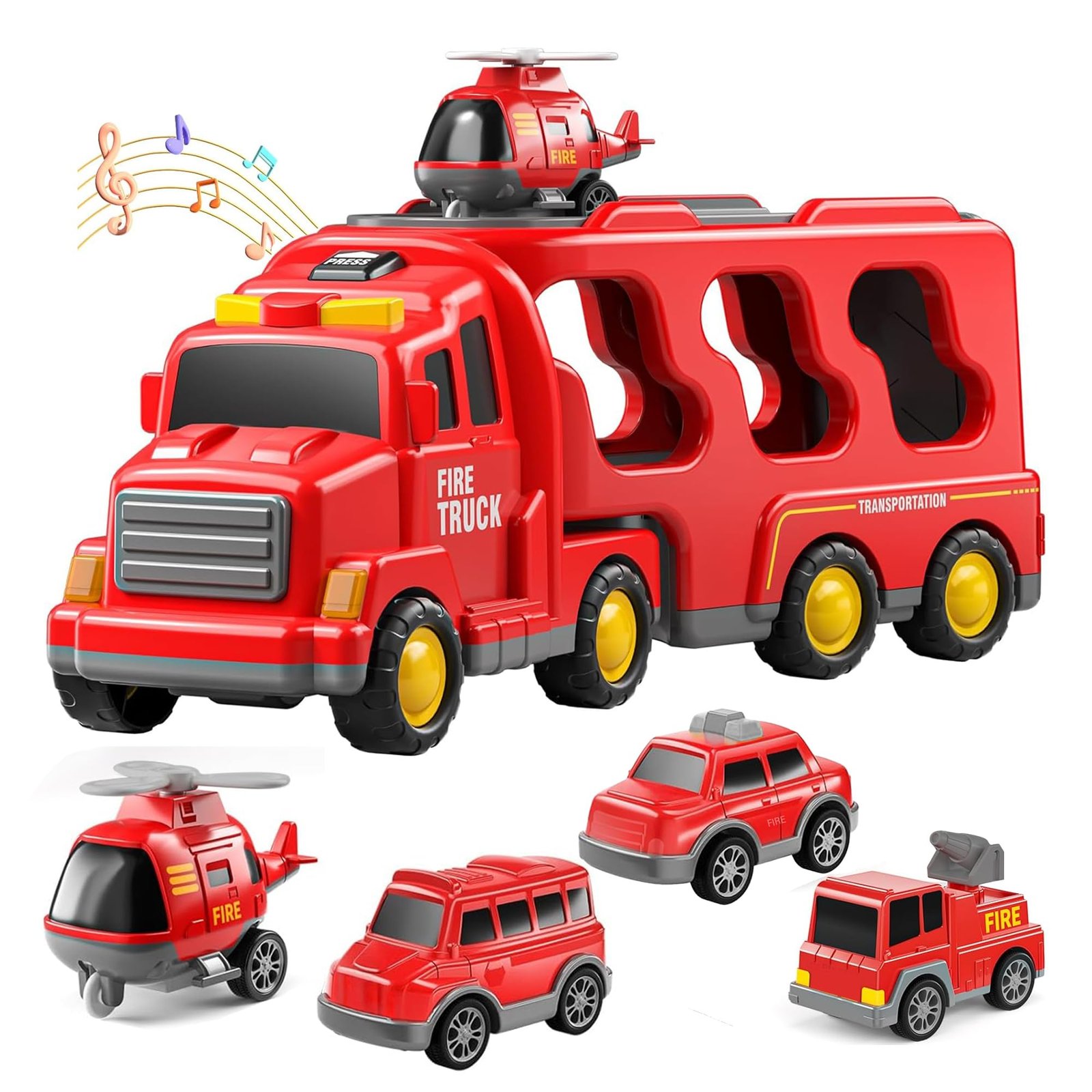 Red Fire Truck Transporter Toy with Mini Cars Set for Kids, Large Vehicle Carrier Playset