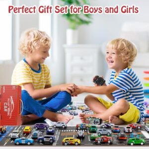 Kids playing with alloy pull back car toy set