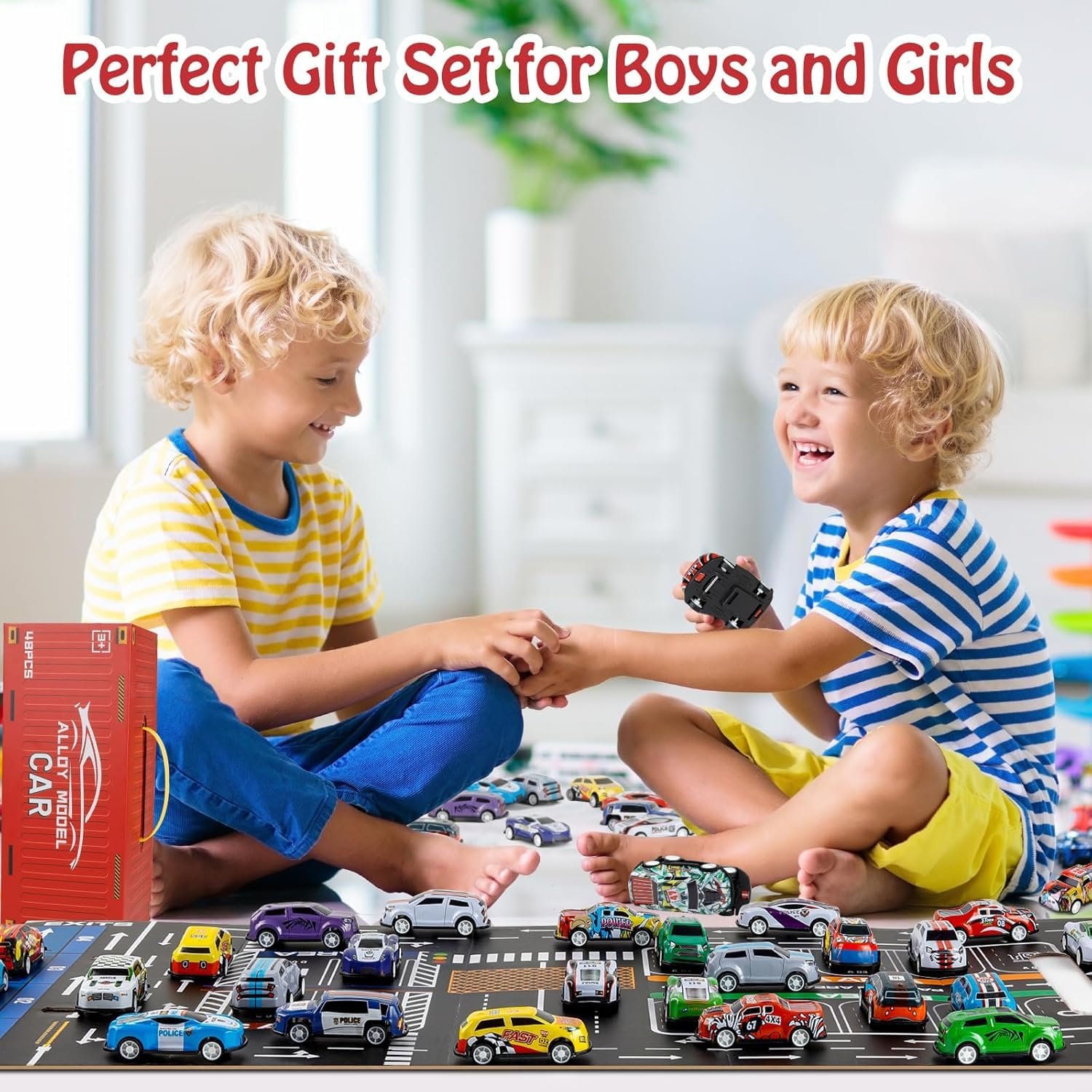 Kids playing with alloy pull back car toy set