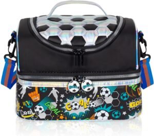 Kids insulated lunch bag with soccer print and double compartment