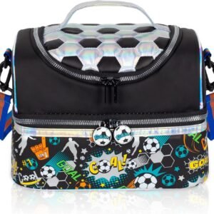 Kids insulated lunch bag with soccer print and double compartment