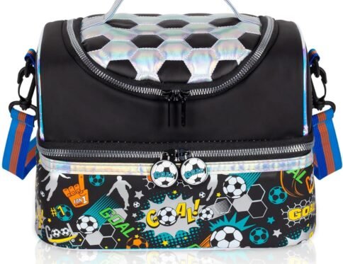 Kids insulated lunch bag with soccer print and double compartment