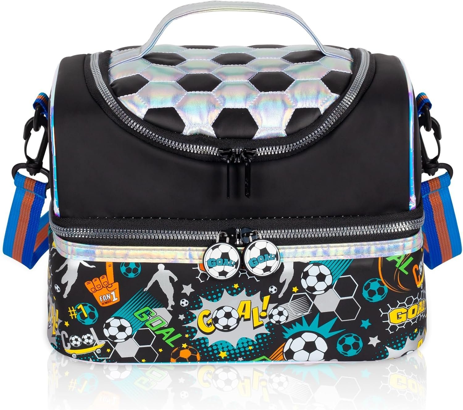 Kids insulated lunch bag with soccer print and double compartment