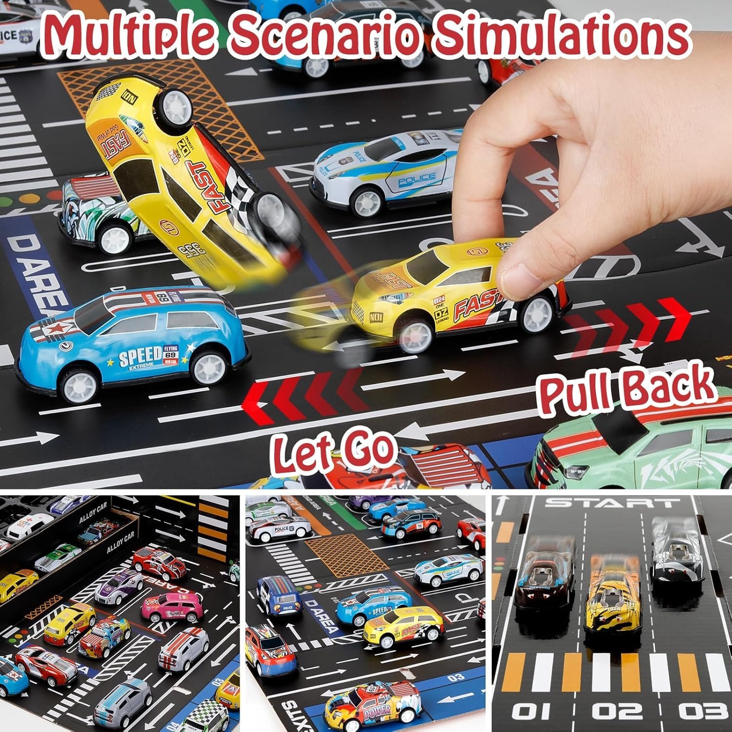 Pull back alloy cars in action for kids toy racing